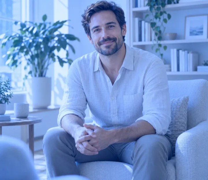 Psicólogo en una consulta luminosa con una suave tonalidad azul
