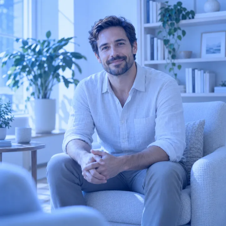 Psicólogo en una consulta luminosa con una suave tonalidad azul